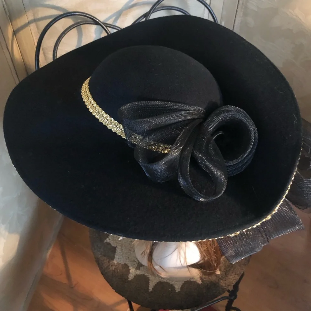 Vintage Couture Wide Brim Black & Gold Hat - Picture 8 of 14